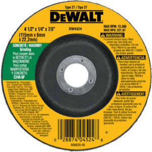 DeWalt® DW4524 Masonry Type 27 Depressed Center Wheel, 4-1/2" x 1/4" x 7/8"Arbor