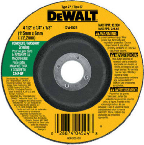 DeWalt® DW4524 Masonry Type 27 Depressed Center Wheel, 4-1/2" x 1/4" x 7/8"Arbor