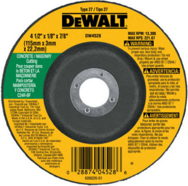 DeWalt® DW4528 Masonry Type 27 Depressed Center Wheel, 4-1/2" x 1/8", 7/8"Arbor
