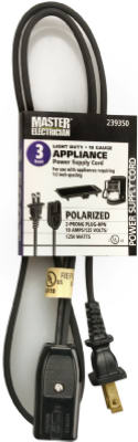 Master Electrician 09303ME Miniature Plug Appliance Cord, 3', 18/2, Black