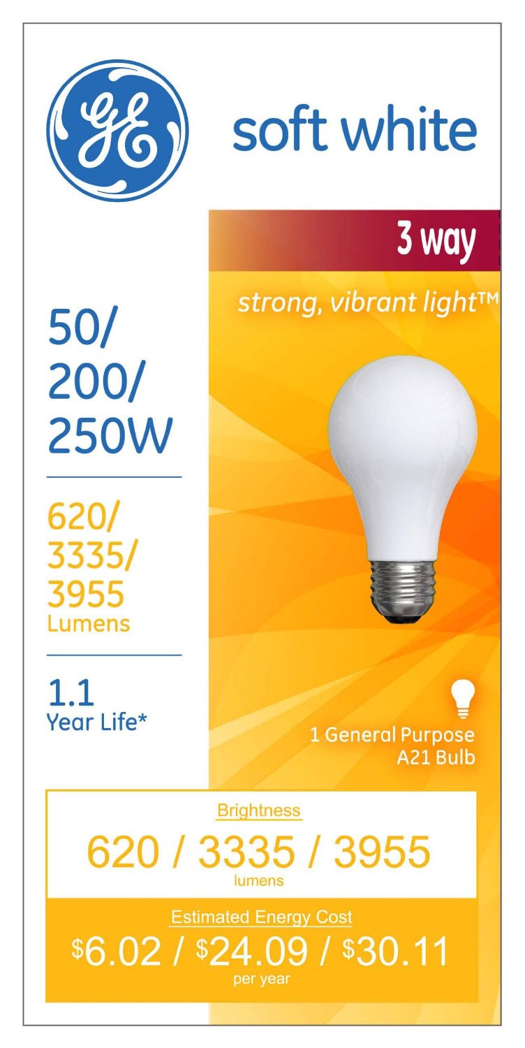 GE Lighting 97482 Medium Base A21 3-Way Light Bulb, Soft White, 50/200/250W