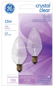 GE Lighting 48395 Flame Tip F10 Candelabra Base Bulb, Crystal Clear, 15W,2-Pack