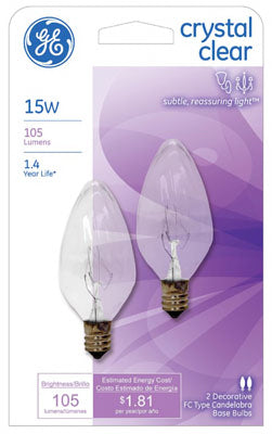 GE Lighting 48395 Flame Tip F10 Candelabra Base Bulb, Crystal Clear, 15W,2-Pack