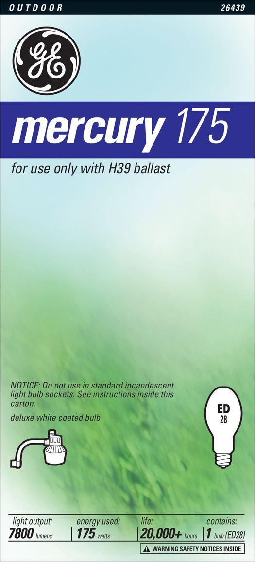 GE Lighting 26439 Mogul Base ED28 Mercury H.I.D. Light Bulb 175W, Deluxe White