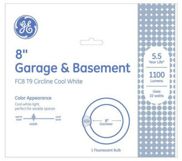 GE 33774 Garage & Basement T9 Circline Fluorescent Bulb, Cool White, 8", 22W