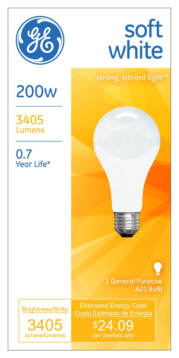 GE Lighting 11585 Medium Base A21 Incandescent Light Bulb, 200W, Soft White