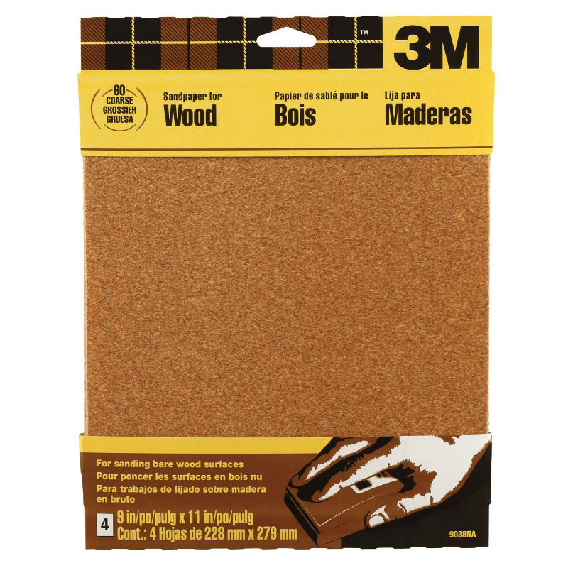 3M 9038 Garnet Sandpaper 9" x 11", Coarse 60 Grit, 4-Pack