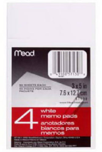 Mead® 57130 White Memo Pad, 3" x 5", 50-Count