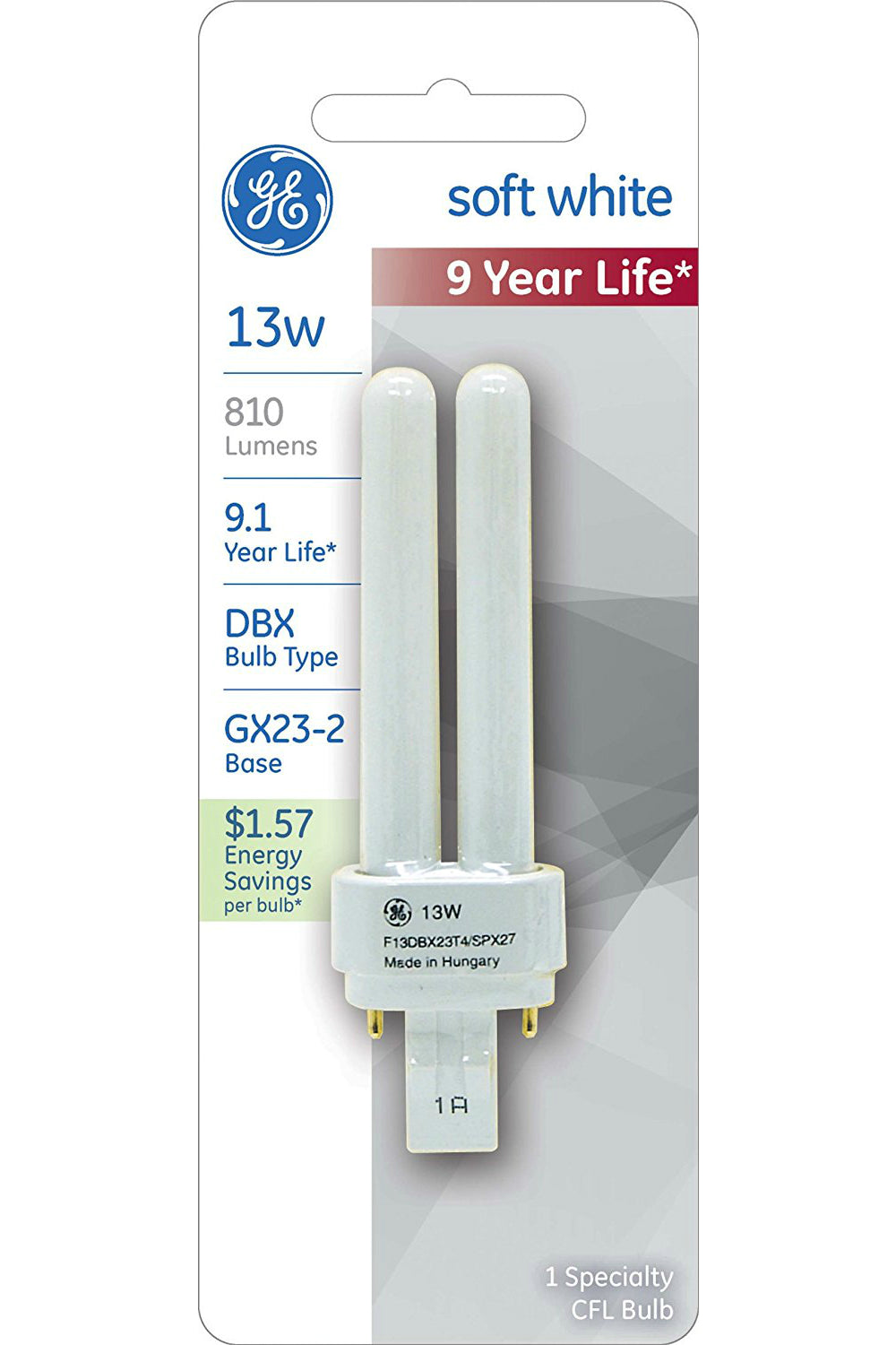 GE Lighting 13578 Energy Smart® Double Biax Plug-In GX23-2 T4 CFL Bulb, 13W