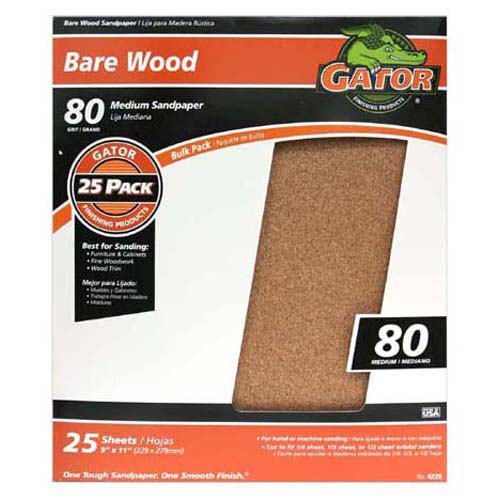 Gator 4228 Bare Wood Sandpaper Sheet, 80 Grit, 9" x 11"