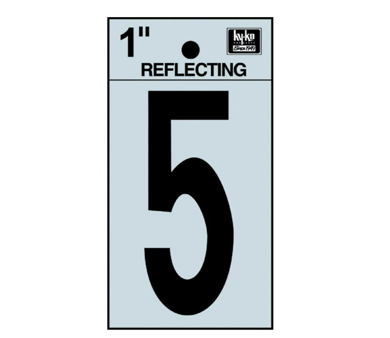 Hy-Ko RV-15/5 Reflective Adhesive Vinyl Number 5 Sign, 1", Black/Silver