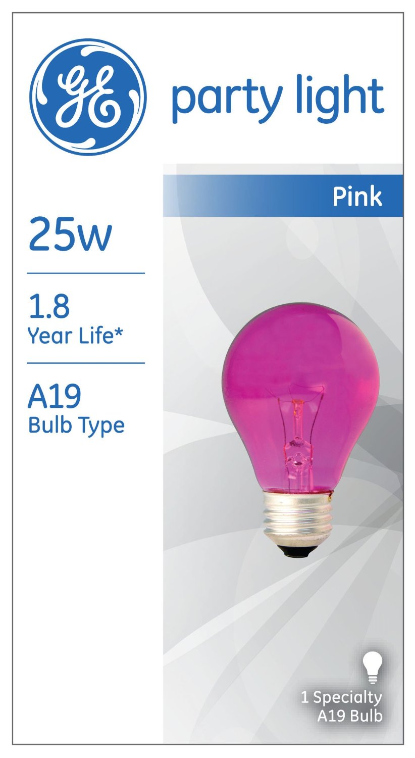 GE Lighting 22730 Incandescent A19 Party Light Bulb, Transparent Pink, 25W, 120V