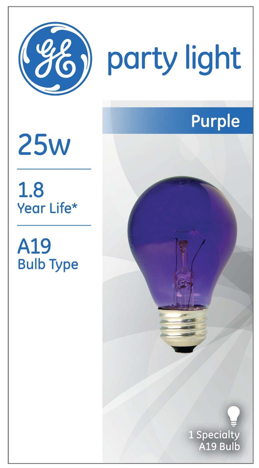 GE Lighting 22731 Incandescent A19 Party Light Bulb, Transparent Purple, 25W, 120V