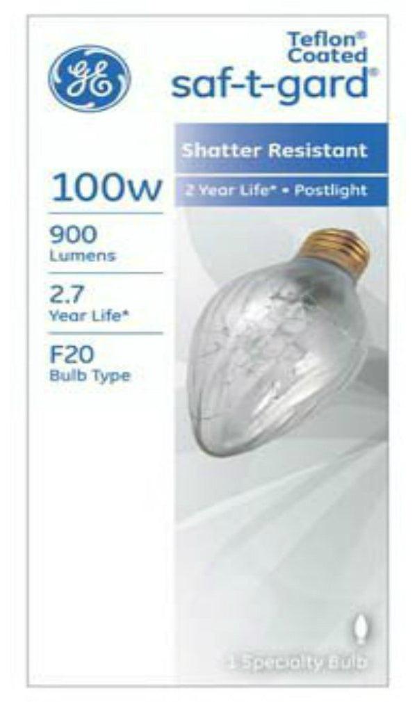 GE 44540 Saf-T-Gard® Teflon® Coated Flame Tip F20 Postlight Bulb, Clear, 100W