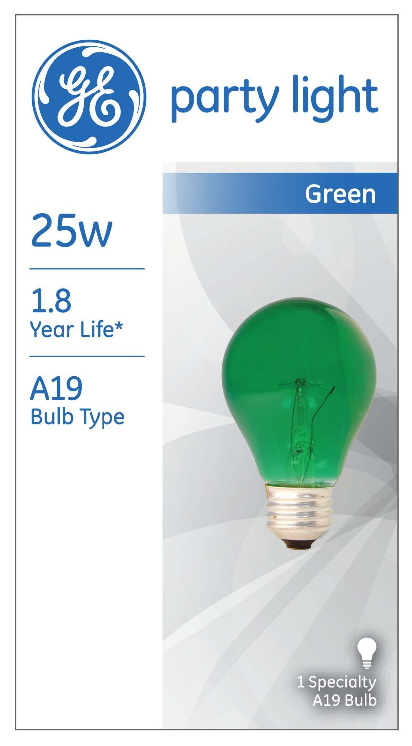 GE Lighting 49725 Medium Base A19 Party Light Bulb, Green, 25-Watt