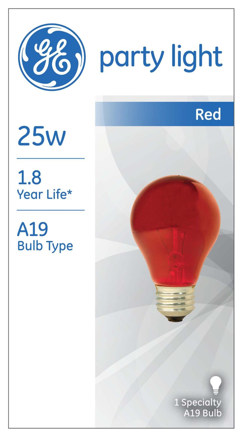 GE Lighting 49727 Medium Base A19 Party Light Bulb, Red, 25-Watt
