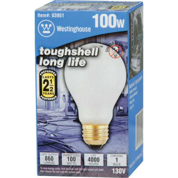 Westinghouse 03951 Toughshell® A19 Shatterproof Incandescent Light Bulb, 100W