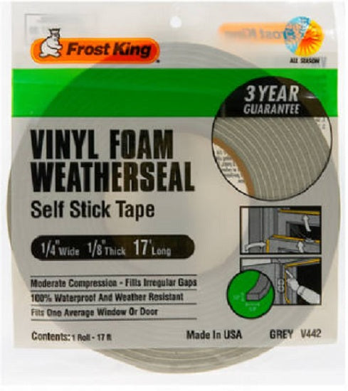 Frost King V442H Vinyl Foam Weather-Strip Tape, 1/4" x 1/8", Gray