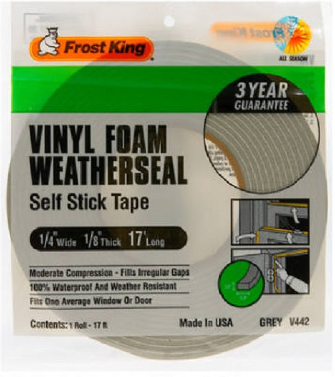 Frost King V442H Vinyl Foam Weather-Strip Tape, 1/4" x 1/8", Gray