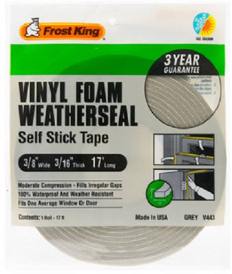 Frost King V443H Vinyl Foam Weather-Strip Tape, 3/8" x 3/16", Gray