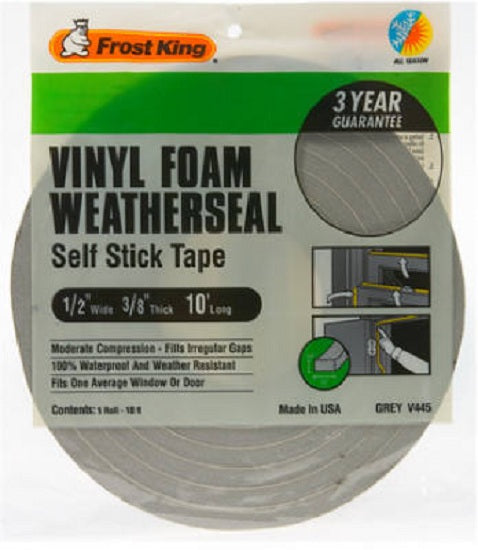 Frost King V445H Vinyl Foam Weather-Strip Tape, 1/2" x 3/8", Gray