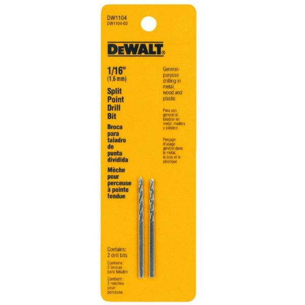 DeWalt® DW1904 Split Point Drill Bit with Pilot Point® Tip, 1/16", 2-Pack