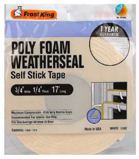 Frost King L342H Open Cell Poly Foam Weather-Strip Tape, 3/4" x 1/4", White