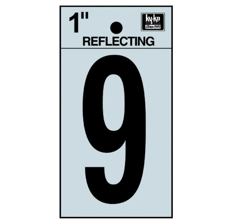 Hy-Ko RV-15/9 Reflective Adhesive Vinyl Number 9 Sign, 1", Black/Silver