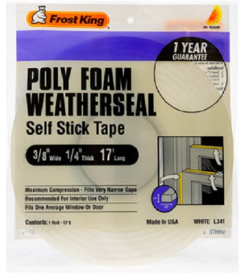 Frost King L341H Open Cell Poly Foam Weather-Strip Tape, 3/8" x 1/4", White