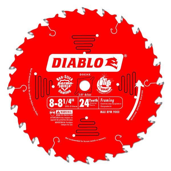 Diablo D0824X Framing Saw Blade, 8" - 8-1/4" x 24 Tooth, 5/8" Arbor