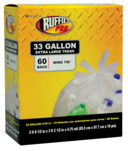 Ruffies Pro® 1124909 Large Trash Recycling Bags, 33 Gallon, Clear, 60-Count