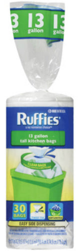 Ruffies® 981587 Tall Kitchen Recycling Bags, 13 Gallon, Clear, 30-Count