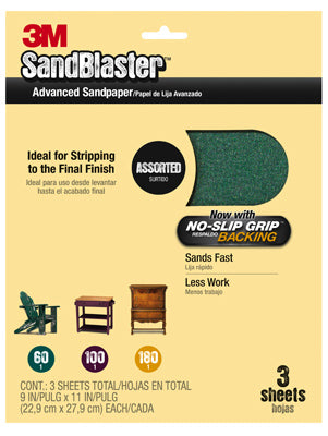 3M 20000-G SandBlaster Sandpaper w/No-Slip Grip Backing, 9"x11", Assorted, 3-Pk
