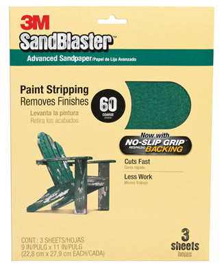 3M 20060-G SandBlaster Sandpaper with No Slip Grip Backing, 9" x 11", 3-Pack
