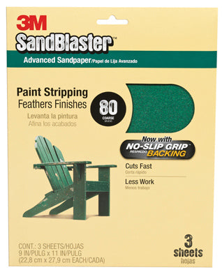 3M 20080-G SandBlaster Sandpaper w/No Slip Grip Backing, 9"x11", 80 Grit, 3-Pack