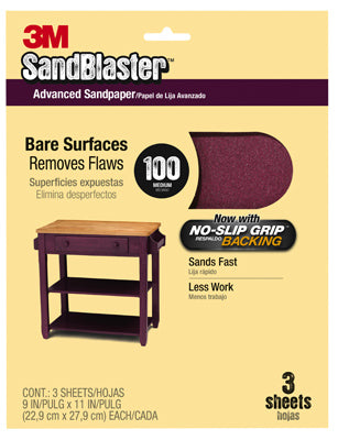3M 20100-G SandBlaster Sandpaper w/No Slip Grip Backing, 9"x11", 100 Grit, 3-Pk