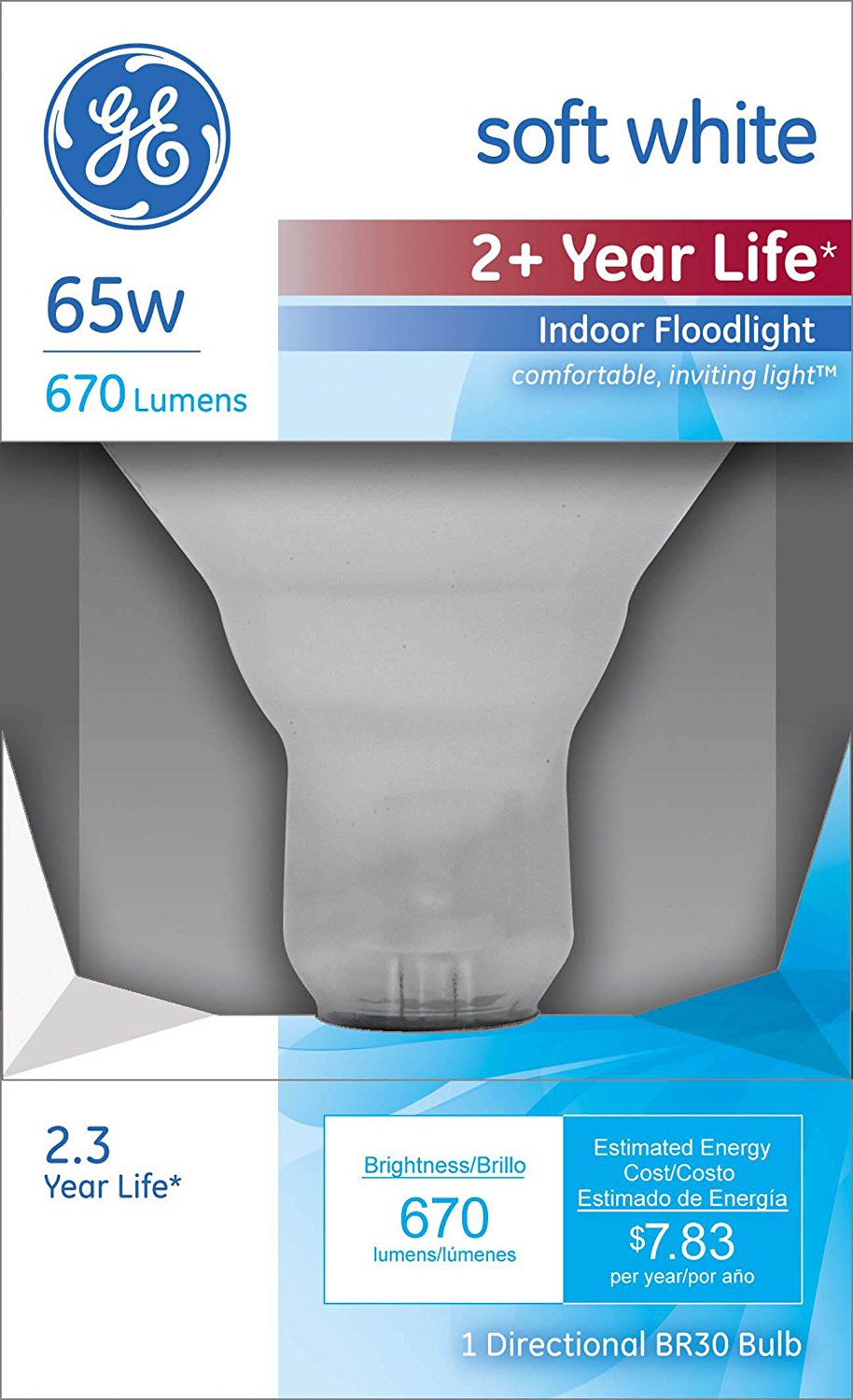 GE Lighting 26805 Reflector R30 Longlife Floodlight Bulb, 65W, Soft White