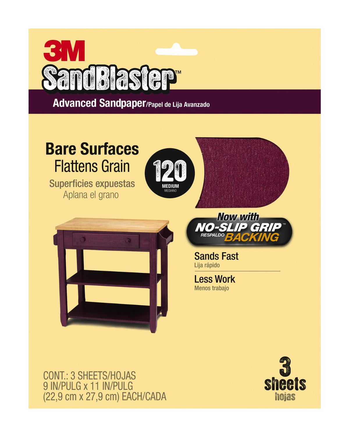 3M 20120-G SandBlaster Sandpaper w/No Slip Grip backing, 9"x11", 120 Grit, 3-Pk