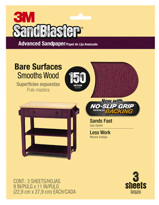 3M 20150-G SandBlaster Sandpaper w/No Slip Grip backing, 9"x11", 150 Grit, 3-Pk