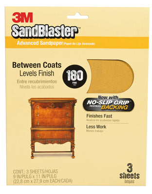 3M 20180-G SandBlaster Sandpaper w/No Slip Grip backing, 9"x11", 180 Grit, 3-Pk