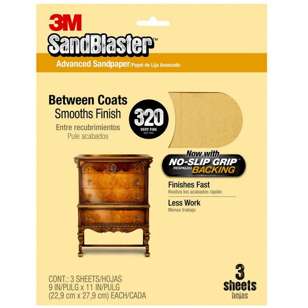 3M 20320-G SandBlaster Sandpaper w/ No Slip Grip Backing, 9"x11", 320 Grit, 3-Pk