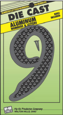 Hy-Ko DC-5/9 Die-Cast Aluminum Number 9 Sign with Nails, 4-1/2", Black