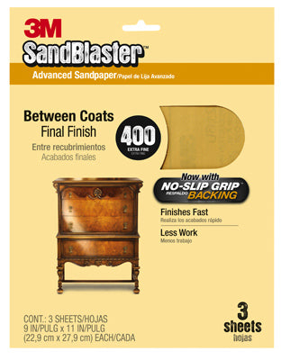 3M 20400-G SandBlaster Sandpaper w/No Slip Grip Backing, 9"x11", 400 Grit, 3-Pk