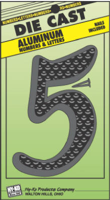 Hy-Ko DC-5/5 Die Cast Aluminum Number 5 Sign with Nails, 4-1/2 Inch, Black