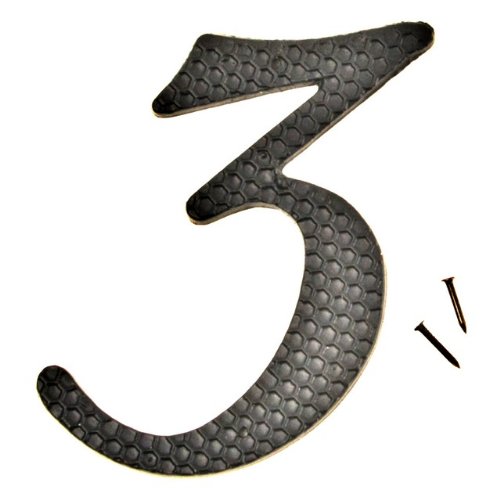 Hy-Ko DC-5/3 Die-Cast Aluminum Number 3 Sign with Nails, 4-1/2", Black
