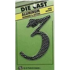 Hy-Ko DC-5/3 Die-Cast Aluminum Number 3 Sign with Nails, 4-1/2", Black