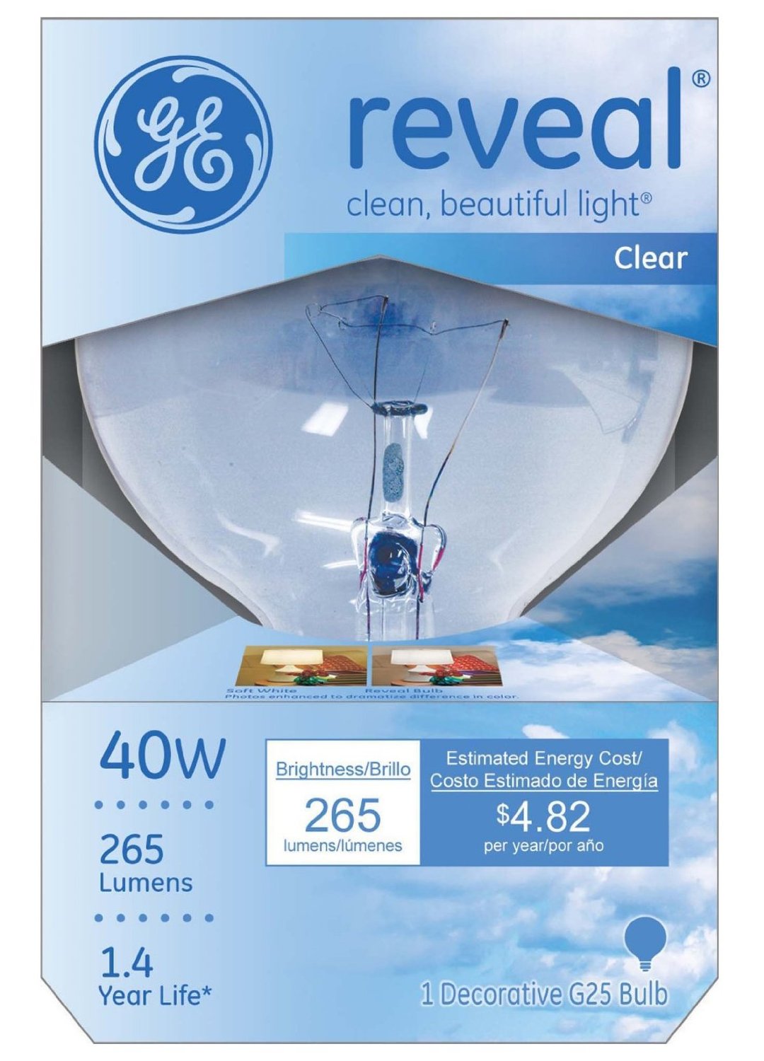 GE Lighting 48694 Reveal® Incandescent G25 Vanity Globe Bulb, Clear, 40W