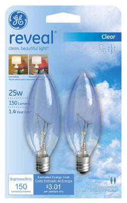 GE Lighting 48700 Reveal® B10 Blunt Tip with Candelabra Base Lamp, Clear, 25W, 2-Pack