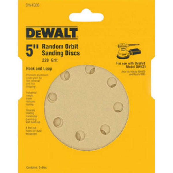 DeWalt® DW4306 8-Hole Hook & Loop Random Orbit Sandpaper, 5", 220 Grit, 5-Pack