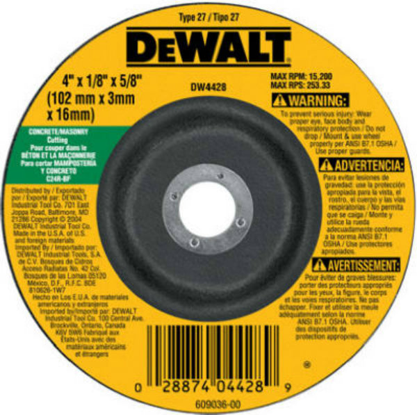 DeWalt® DW4428 Masonry Blade Depressed Center Wheel, 4" x 1/8" x 5/8" Arbor